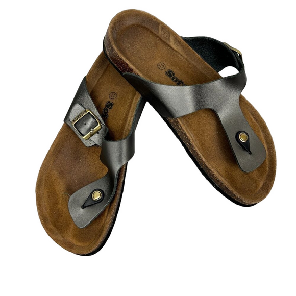 SoftMoc Shoes - SoftMoc Flat Slip on Padded Footbed Pewter Leather Thong Sandal  Buckle Size 11